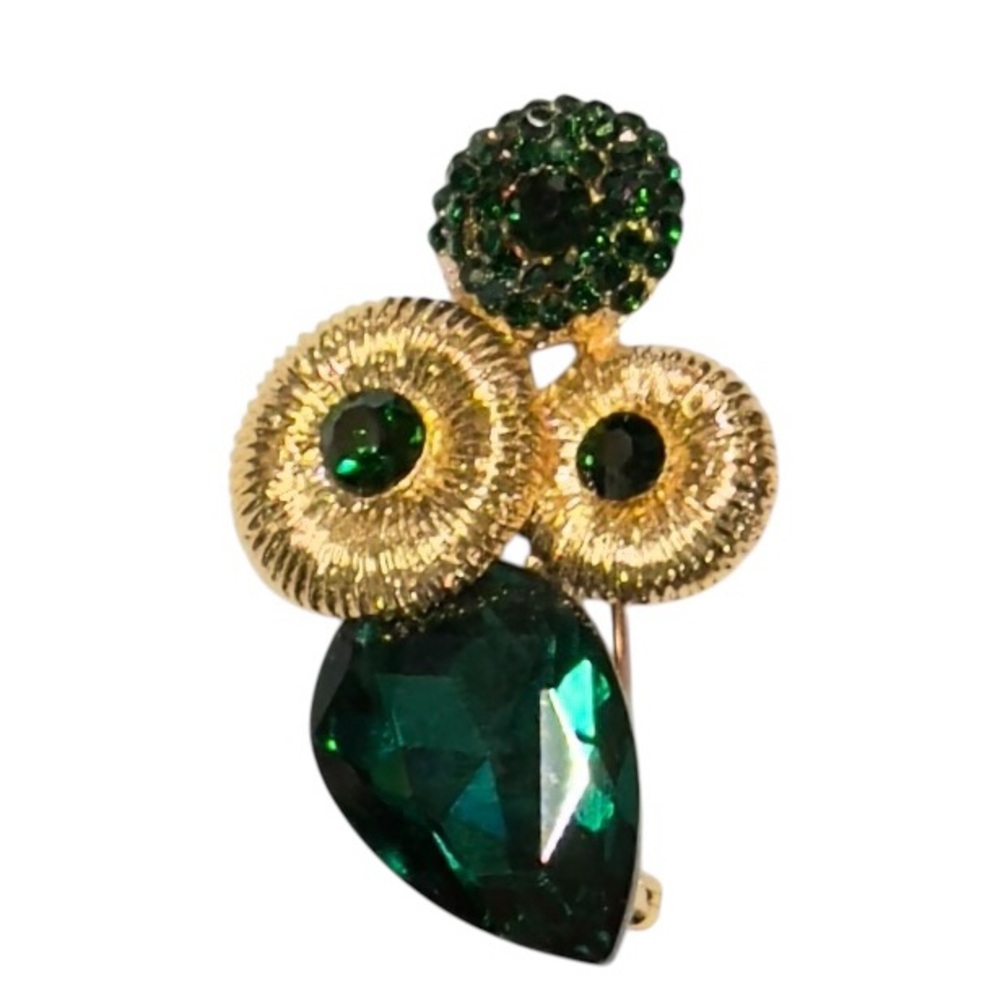 UNBRANDED Green RHINESTONE And Shiny Gold ECLECTIC Owl Brooch